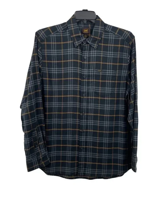 Lee Mens Long Sleeve Plaid Button-Up Shirt Gray & Brown Size Large - Picture 1 of 10